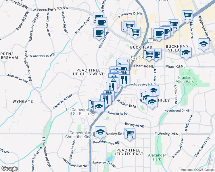 map of restaurants, bars, coffee shops, grocery stores, and more near 2870 Pharr Court South Northwest in Atlanta