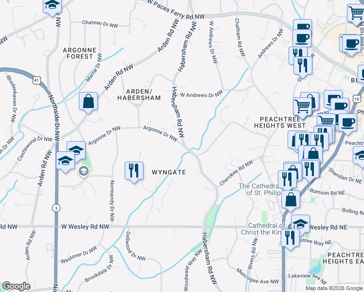 map of restaurants, bars, coffee shops, grocery stores, and more near Argonne Drive Northwest in Atlanta