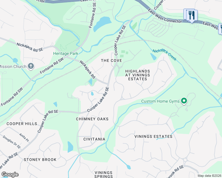 map of restaurants, bars, coffee shops, grocery stores, and more near 4906 Vinings Ridge Trail Southeast in Mableton