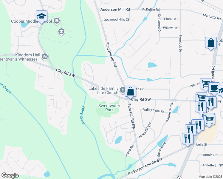 map of restaurants, bars, coffee shops, grocery stores, and more near 2442 Clay Road Southwest in Austell