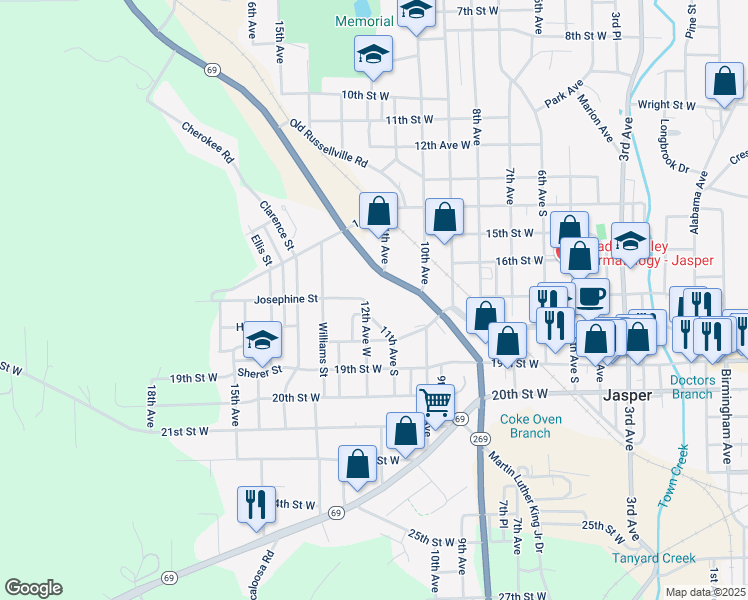 map of restaurants, bars, coffee shops, grocery stores, and more near 1701-1709 11th Avenue South in Jasper