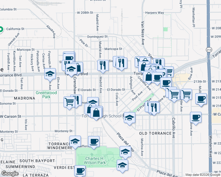map of restaurants, bars, coffee shops, grocery stores, and more near 1328 Amapola Avenue in Torrance