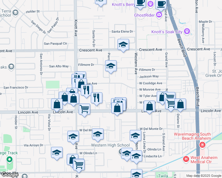 map of restaurants, bars, coffee shops, grocery stores, and more near 8822 Pierce Drive in Buena Park