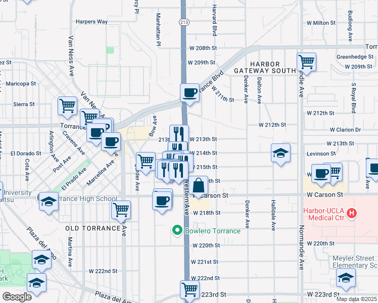 map of restaurants, bars, coffee shops, grocery stores, and more near 21322 South Western Avenue in Torrance