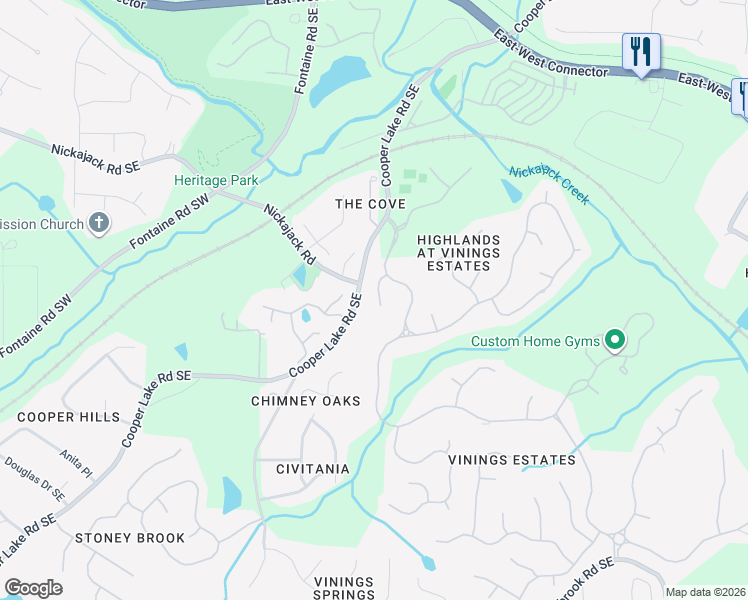 map of restaurants, bars, coffee shops, grocery stores, and more near 4906 Vinings Ridge Trail Southeast in Mableton