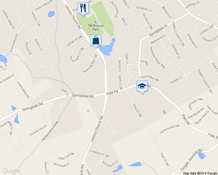 map of restaurants, bars, coffee shops, grocery stores, and more near 3076 Lenora Church Road in Snellville