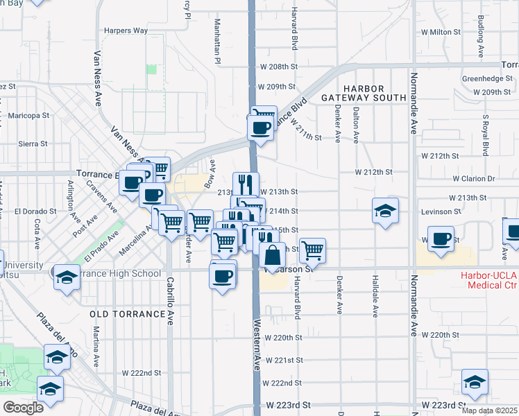 map of restaurants, bars, coffee shops, grocery stores, and more near 21322 South Western Avenue in Torrance