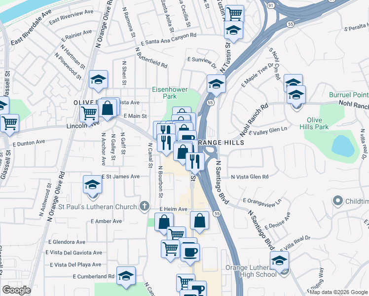 map of restaurants, bars, coffee shops, grocery stores, and more near 2756 North Tustin Street in Orange