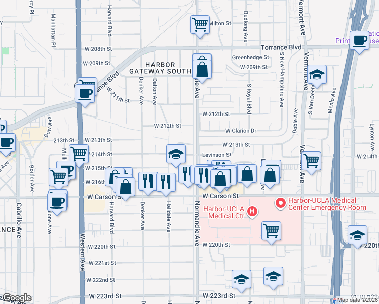 map of restaurants, bars, coffee shops, grocery stores, and more near 1307 West 214th Street in Torrance