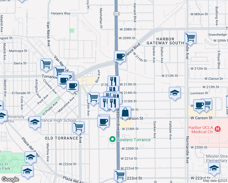map of restaurants, bars, coffee shops, grocery stores, and more near 21381 South Western Avenue in Torrance