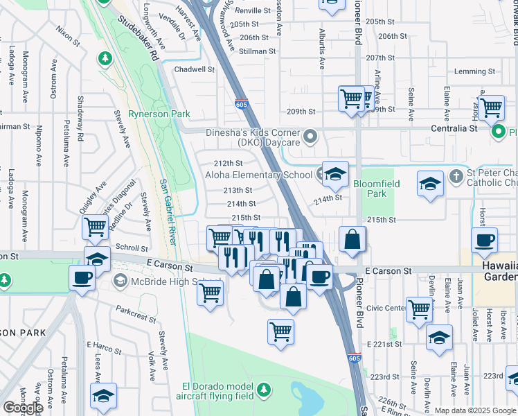 map of restaurants, bars, coffee shops, grocery stores, and more near 11522 215th Street in Lakewood