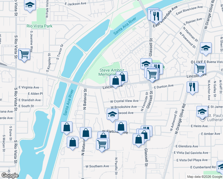 map of restaurants, bars, coffee shops, grocery stores, and more near 2708 North Dell Street in Orange