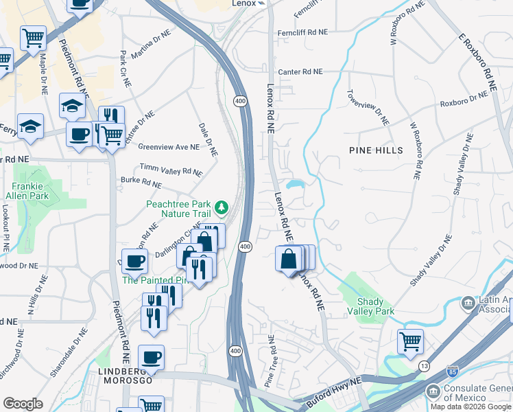 map of restaurants, bars, coffee shops, grocery stores, and more near 859 Lenox Oaks Circle Northeast in Atlanta