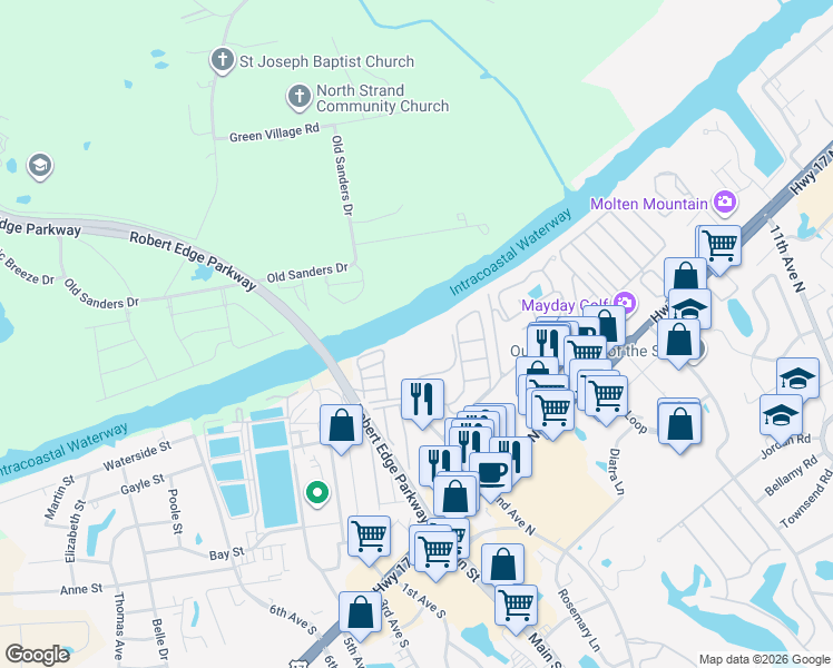 map of restaurants, bars, coffee shops, grocery stores, and more near 203 Landing Road in North Myrtle Beach