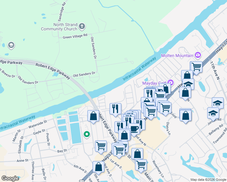 map of restaurants, bars, coffee shops, grocery stores, and more near 203 Landing Road in North Myrtle Beach