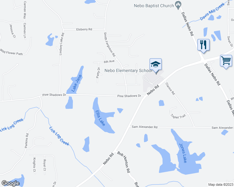 map of restaurants, bars, coffee shops, grocery stores, and more near 1455 Pine Shadows Drive in Dallas