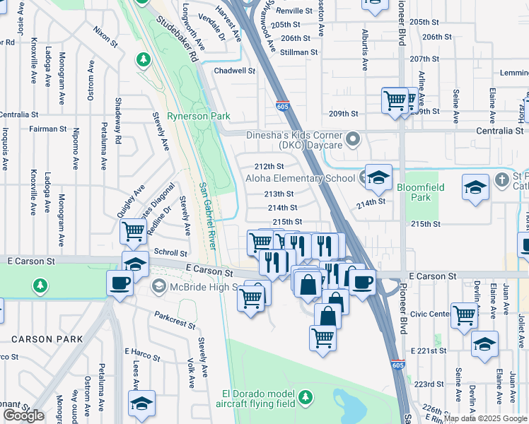 map of restaurants, bars, coffee shops, grocery stores, and more near 11328 214th Street in Lakewood