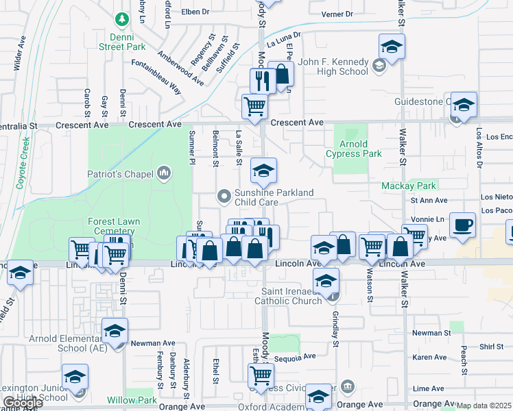 map of restaurants, bars, coffee shops, grocery stores, and more near 8793 Moody Street in Cypress