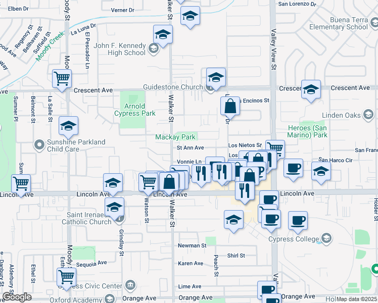 map of restaurants, bars, coffee shops, grocery stores, and more near 5572 Saint Ann Avenue in Cypress