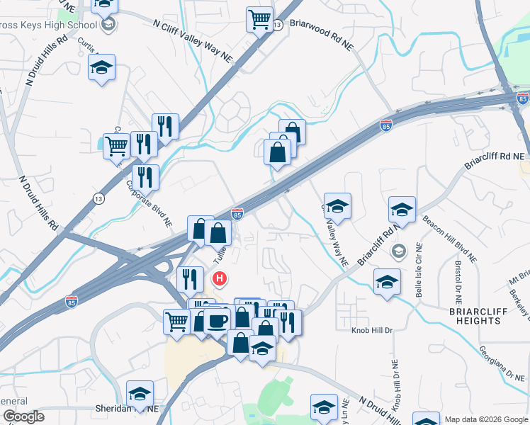 map of restaurants, bars, coffee shops, grocery stores, and more near 1575 Northeast Expressway in Atlanta