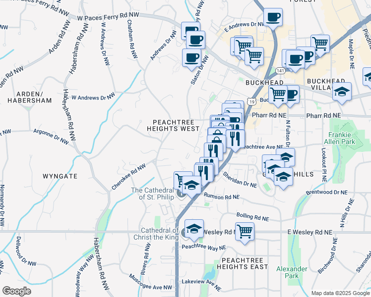 map of restaurants, bars, coffee shops, grocery stores, and more near 2900 Pharr Court South Northwest in Atlanta