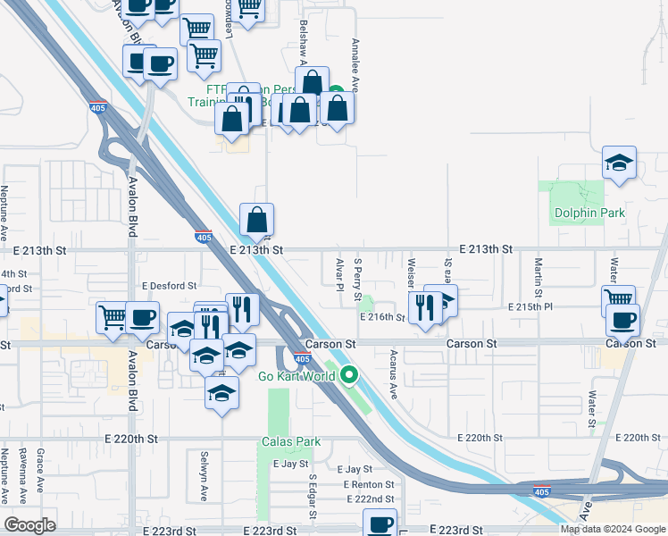 map of restaurants, bars, coffee shops, grocery stores, and more near 21321 Alvar Place in Carson