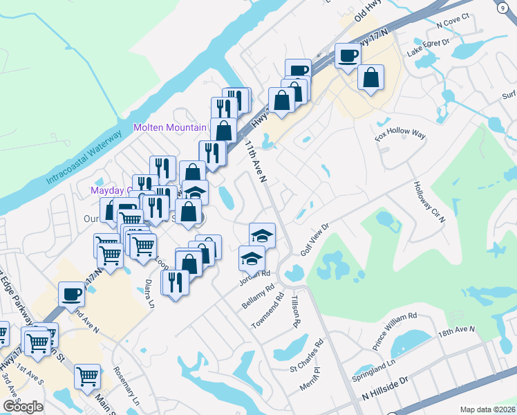 map of restaurants, bars, coffee shops, grocery stores, and more near 1016 Tilghman Forest Drive in North Myrtle Beach