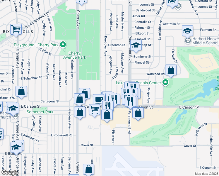 map of restaurants, bars, coffee shops, grocery stores, and more near 4223 Pixie Avenue in Lakewood