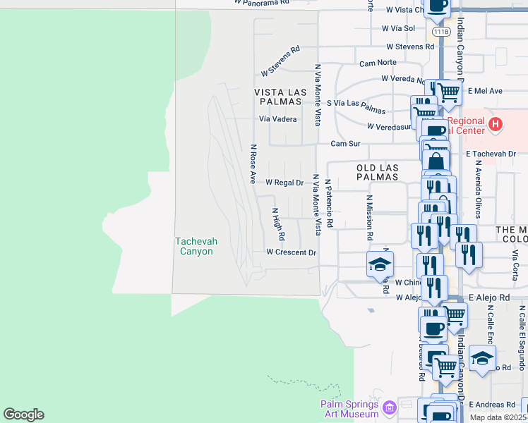 map of restaurants, bars, coffee shops, grocery stores, and more near 834 North Rose Avenue in Palm Springs