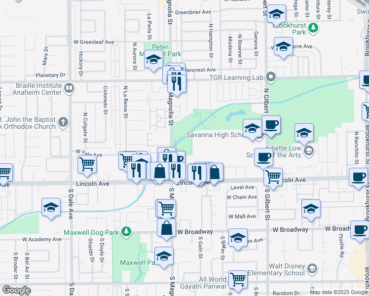map of restaurants, bars, coffee shops, grocery stores, and more near 220 North Magnolia Avenue in Anaheim