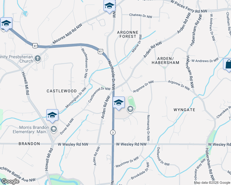 map of restaurants, bars, coffee shops, grocery stores, and more near 2925 Arden Road Northwest in Atlanta