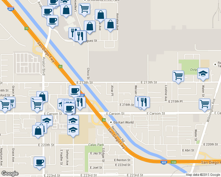 map of restaurants, bars, coffee shops, grocery stores, and more near 21321 Alvar Place in Carson