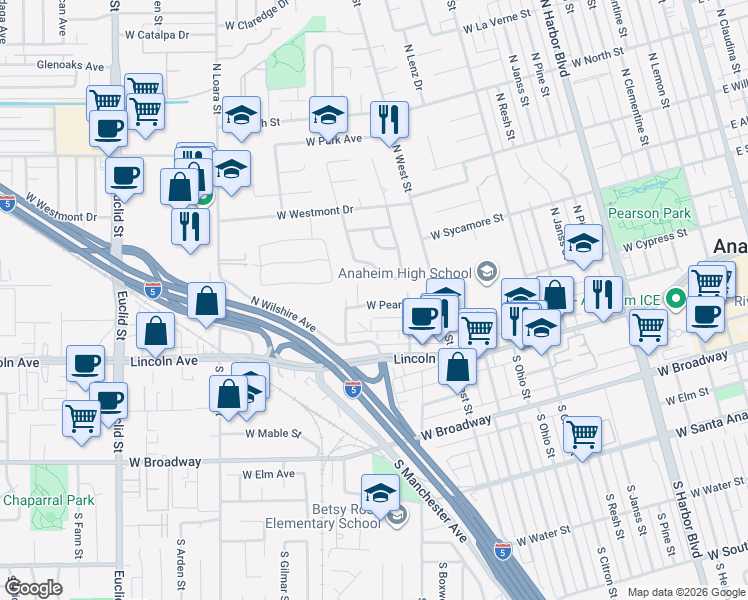 map of restaurants, bars, coffee shops, grocery stores, and more near 1235 West Pearl Street in Anaheim