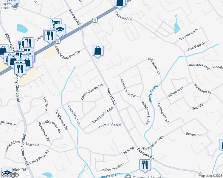 map of restaurants, bars, coffee shops, grocery stores, and more near 2464 Hewatt Road in Snellville