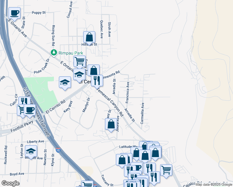 map of restaurants, bars, coffee shops, grocery stores, and more near 19660 Arcadia Street in Corona