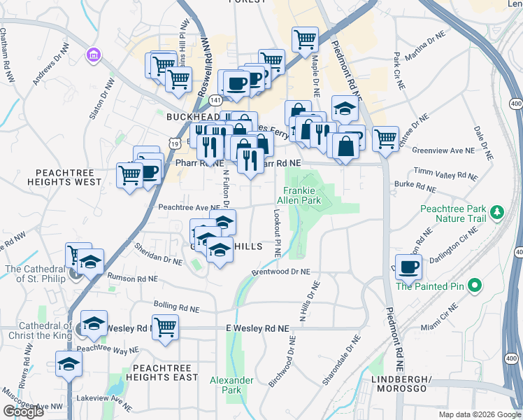 map of restaurants, bars, coffee shops, grocery stores, and more near 365 Peachtree Avenue Northeast in Atlanta