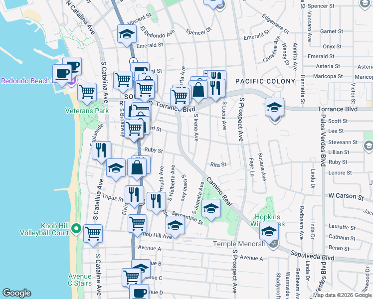 map of restaurants, bars, coffee shops, grocery stores, and more near 601 Camino Real in Redondo Beach