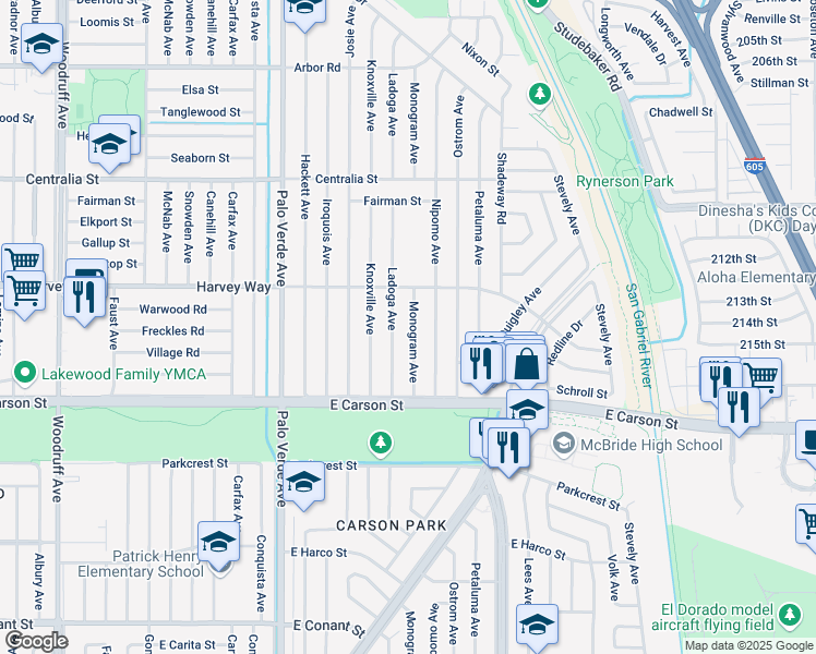 map of restaurants, bars, coffee shops, grocery stores, and more near 4154 Monogram Avenue in Lakewood