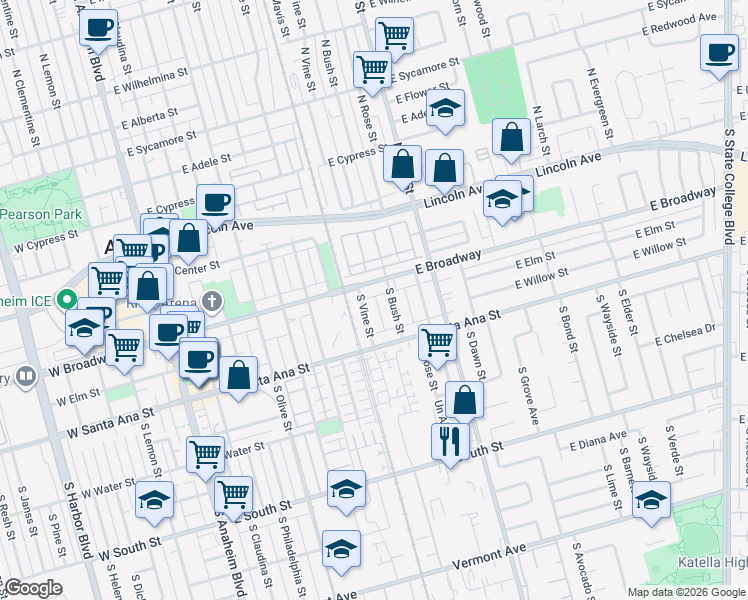 map of restaurants, bars, coffee shops, grocery stores, and more near 314 South Vine Street in Anaheim