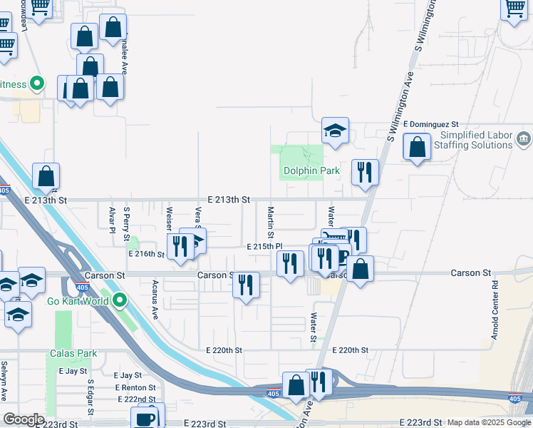 map of restaurants, bars, coffee shops, grocery stores, and more near 21323 Martin Street in Carson