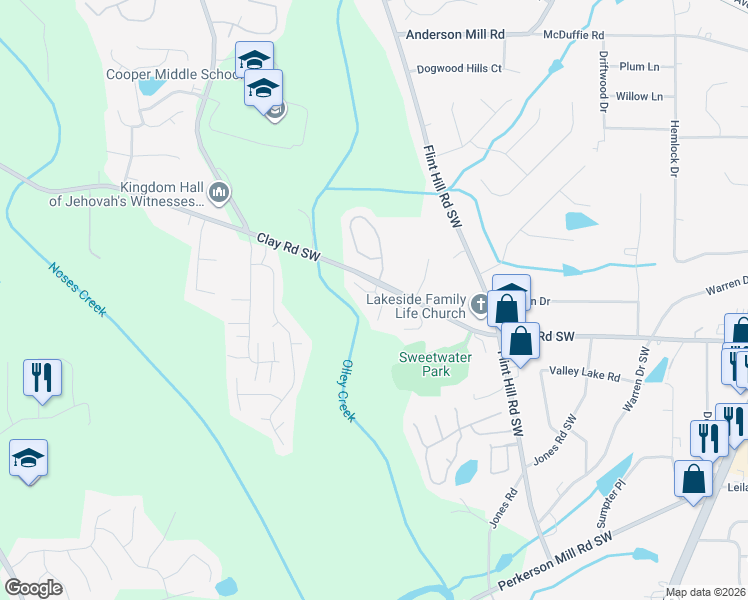 map of restaurants, bars, coffee shops, grocery stores, and more near 2499 Wingfield Drive Southwest in Austell