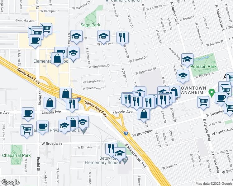 map of restaurants, bars, coffee shops, grocery stores, and more near 1239 West Pearl Street in Anaheim