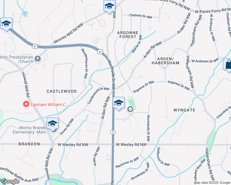 map of restaurants, bars, coffee shops, grocery stores, and more near 2925 Arden Road Northwest in Atlanta