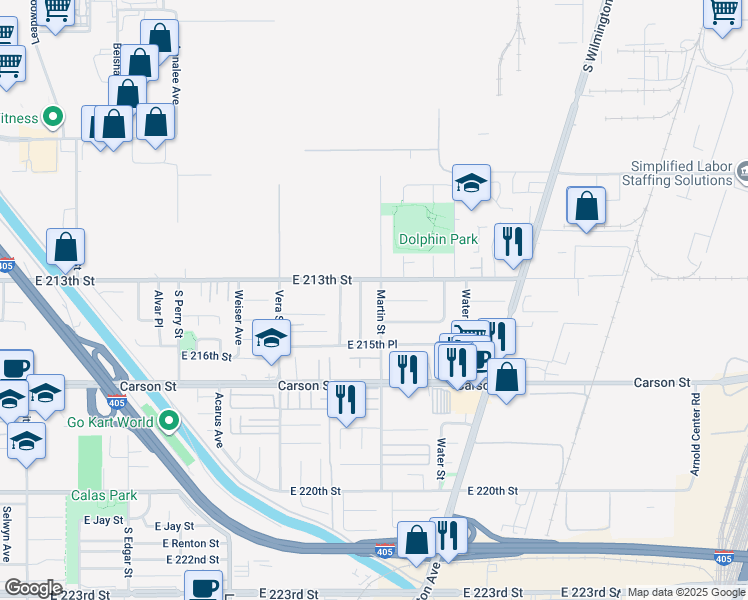 map of restaurants, bars, coffee shops, grocery stores, and more near 21323 Martin Street in Carson