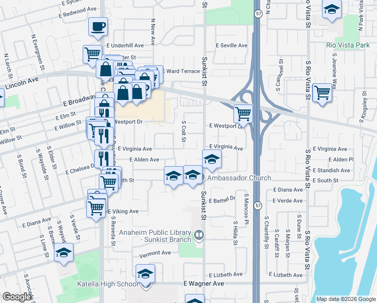 map of restaurants, bars, coffee shops, grocery stores, and more near in Anaheim