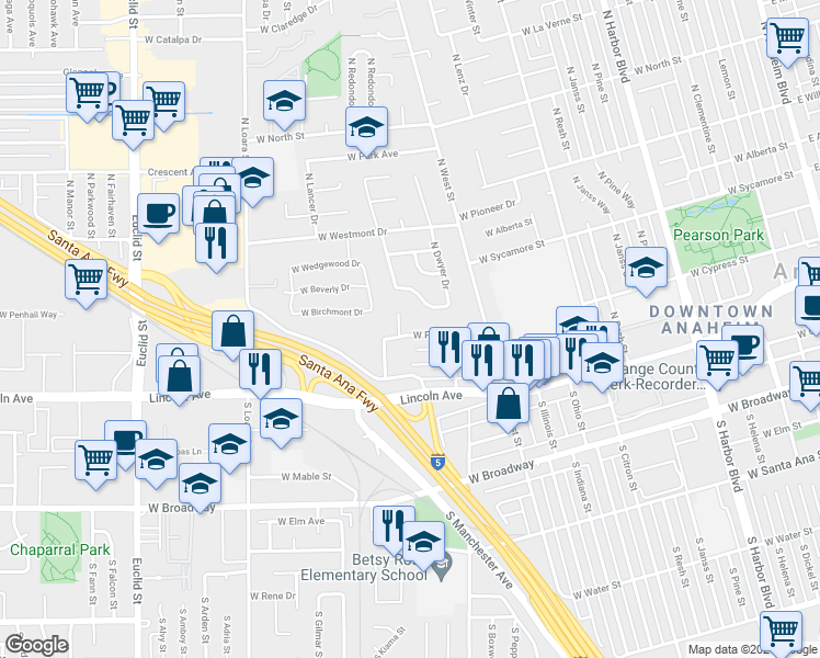 map of restaurants, bars, coffee shops, grocery stores, and more near 1340 West Pearl Street in Anaheim