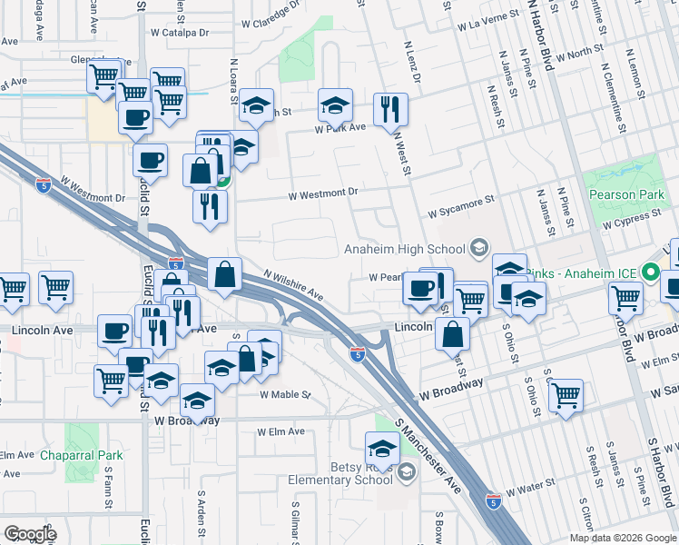 map of restaurants, bars, coffee shops, grocery stores, and more near 200 North Wilshire Avenue in Anaheim