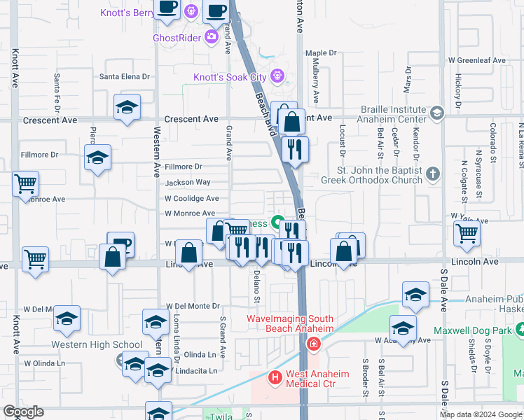 map of restaurants, bars, coffee shops, grocery stores, and more near 205 Santa Maria Street in Anaheim