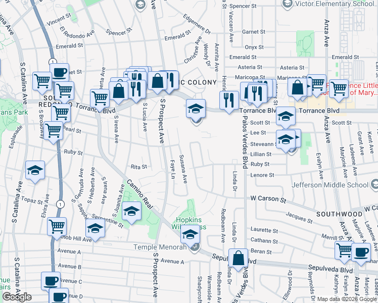 map of restaurants, bars, coffee shops, grocery stores, and more near 21413 Howard Avenue in Torrance