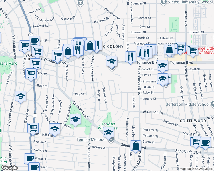 map of restaurants, bars, coffee shops, grocery stores, and more near 21329 Howard Avenue in Torrance